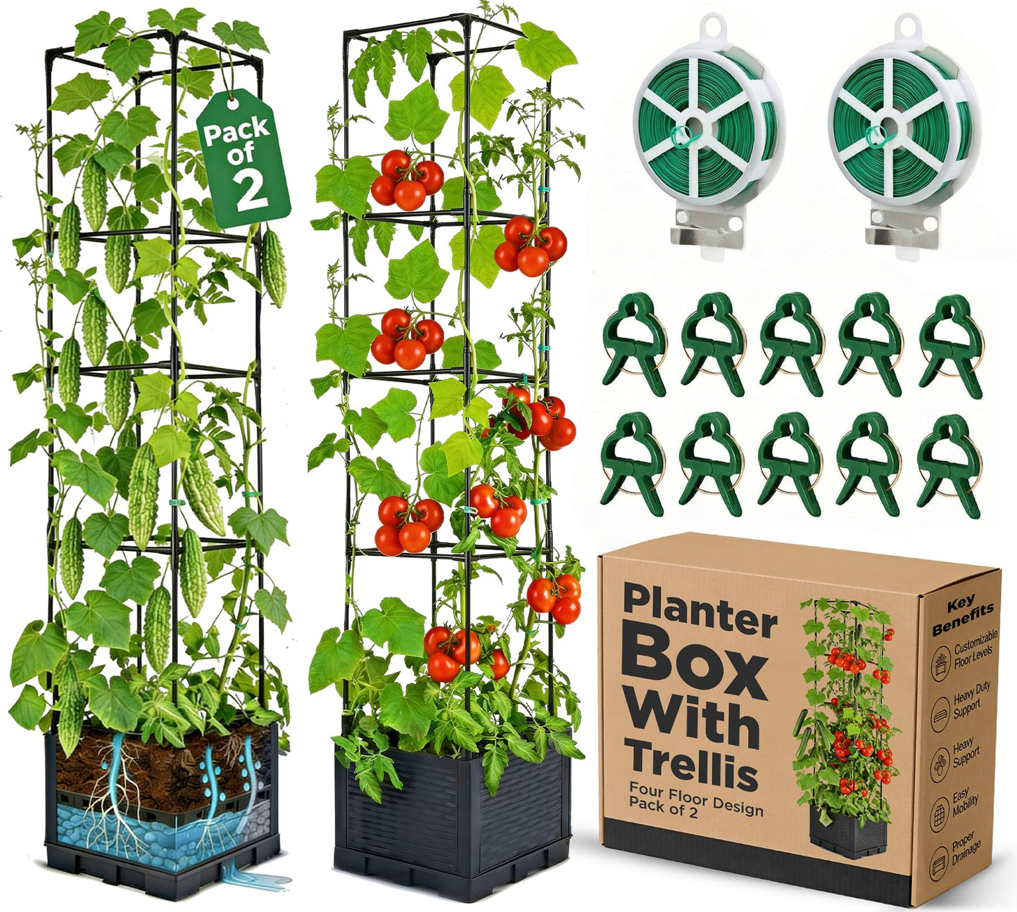 Growia 2 Pack Tomato Planter with Trellis 43 Inch, Self Watering Planter Box with Trellis, Vertical Raised Garden Bed Planter for Climbing Vegetables Indoor Outdoor Patio