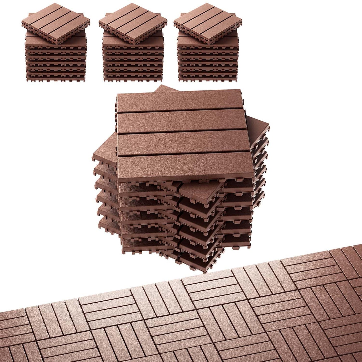 EchoDeck Interlocking Deck Tiles,54 Pack Deck Tiles Interlocking Outdoor All Weather,Patio Deck Tiles,12"x12",Woodgrain,Sturdy Base,Highly Durable,Stylish,Non-Slip,Faster-Drying,Efficient,Brown