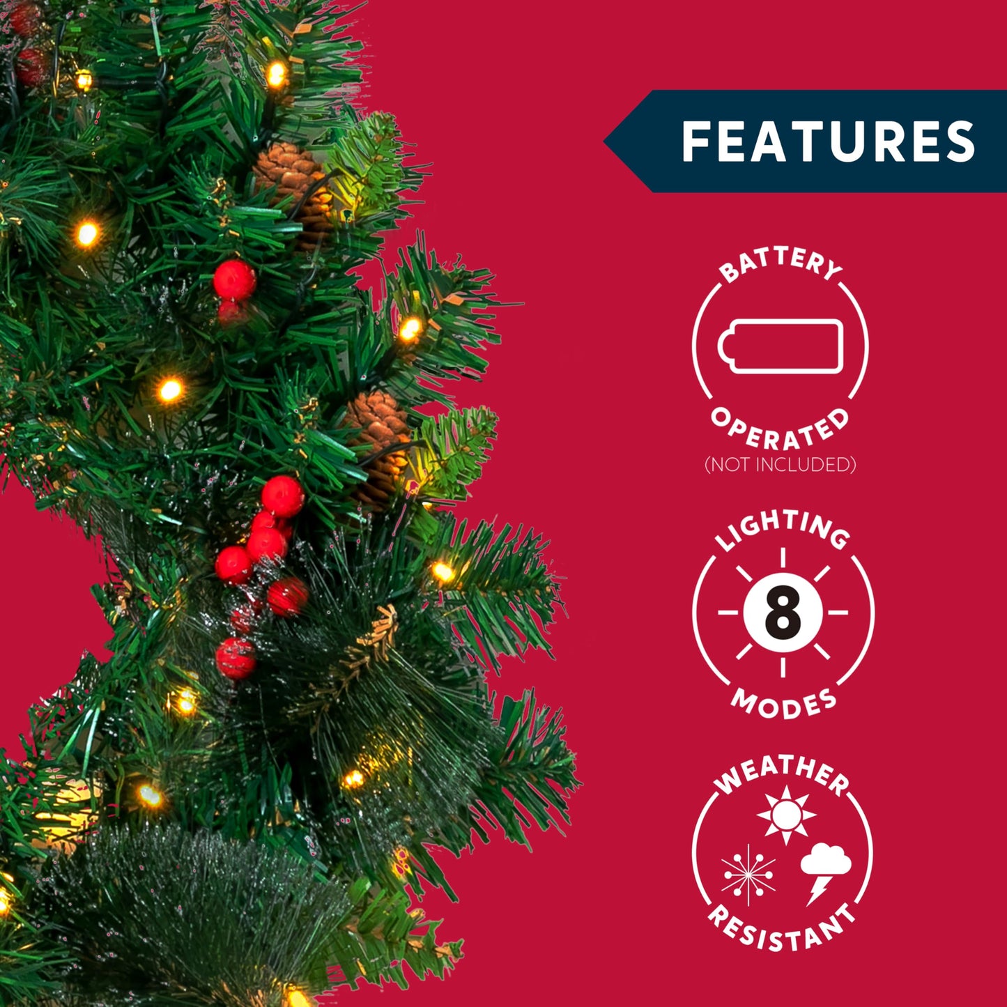 Joiedomi 20” Artificial Christmas Wreath Prelit with 15” Hanger, Decorated with 50 LED Lights, Red Berries, Pine Cones Glitter Pine Needles for Front Door Wall Christmas Decorations (Battery Operated)