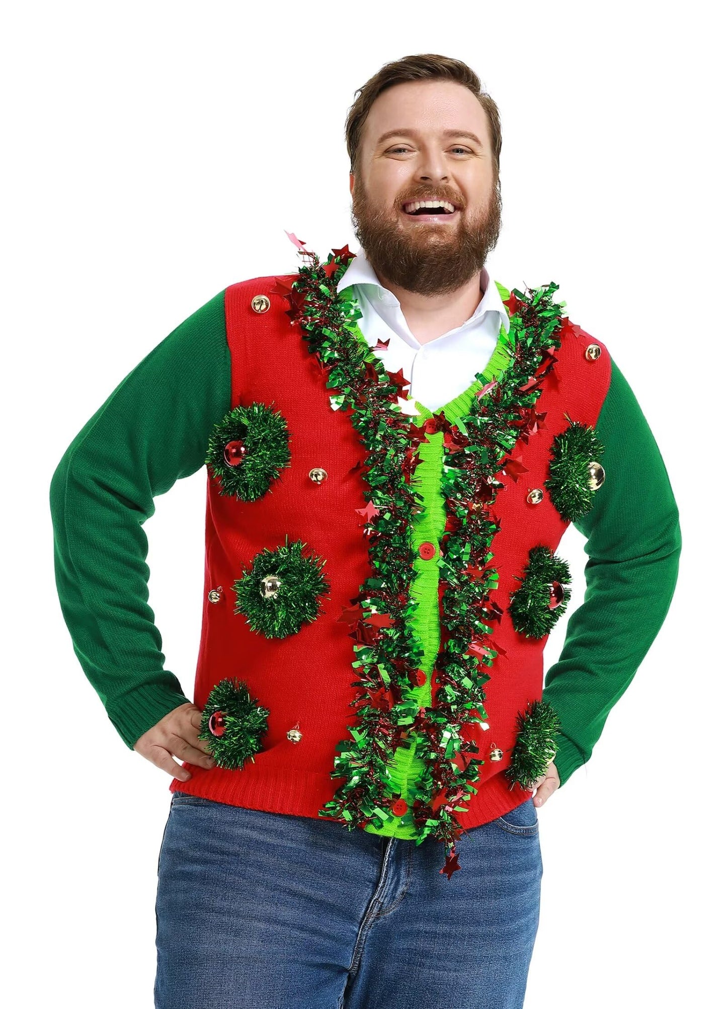 Ugly Christmas Sweater Unisex Funny Novelty Knit Pullover Men with Santa Reindder for Xmas PartyLargeTinsel Trim Colour Fest