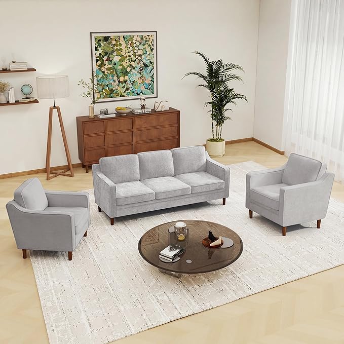 Kingfun Living Room Furniture Sets, 3 Seater Couch and 2 Armchair, Mid Century