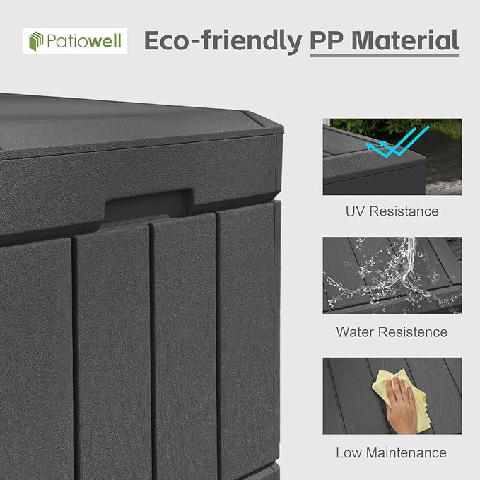 Patiowell 82 Gallon Resin Deck Box, Waterproof Large Wood Look Storage Box for Patio Furniture, Pool Accessories, Garden Tools and Sports Equipment, Lockable, Black