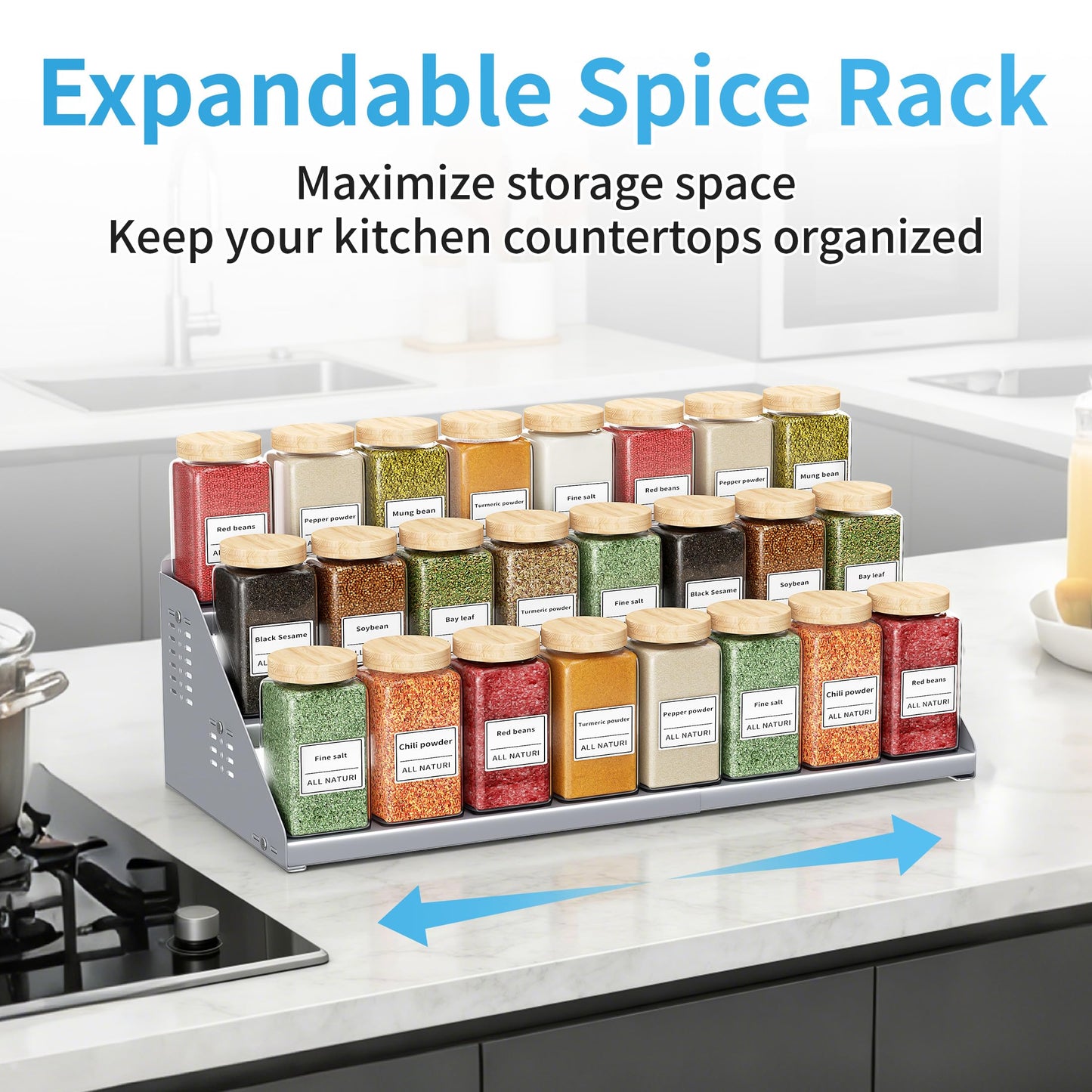 BOIVSHI Spice Rack Organizer, Metal Spice Rack Organizer for Cabinet, Countertop Spice Rack - Expandable Width, 3 Tier Spice Shelf for Cabinet, Countertop, Pantry, Cupboard, Gray