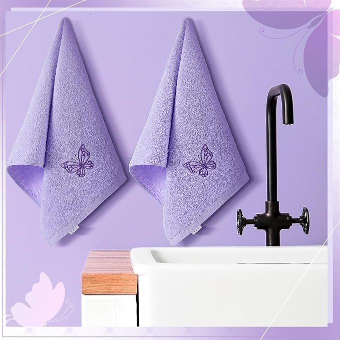 2 Pcs Butterfly Hand Towels Light Purple Bathroom Decor 14x29 Inch Embroidered