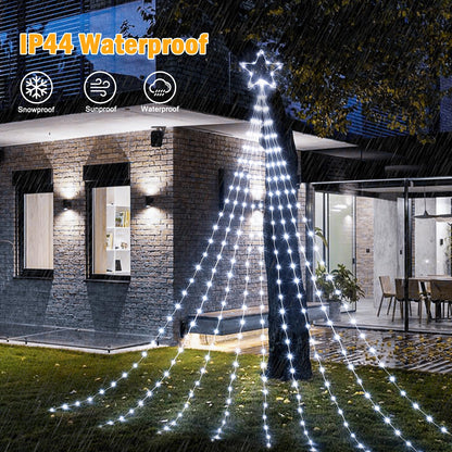 Christmas Decorations Star String Lights, 344 LED Waterfall Tree Lights with 11" Topper Iron Star Christmas Lights Indoor Outdoor Decorative for Wedding Party Home Holiday Decor (Pure White)