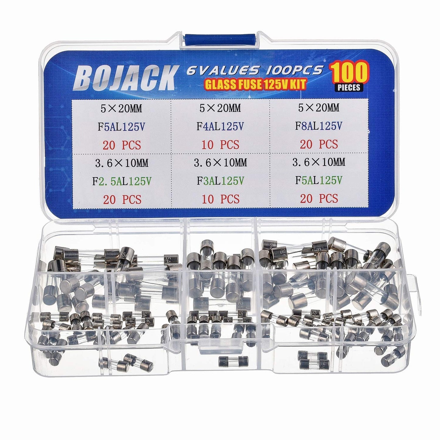 BOJACK Christmas Light Fuses Kit 3.6x10mm Mini Fuse 125V 2.5A 3A 5A and 5x20mm 125V 4A 5A 8A amp Fuses for Christmas Lights