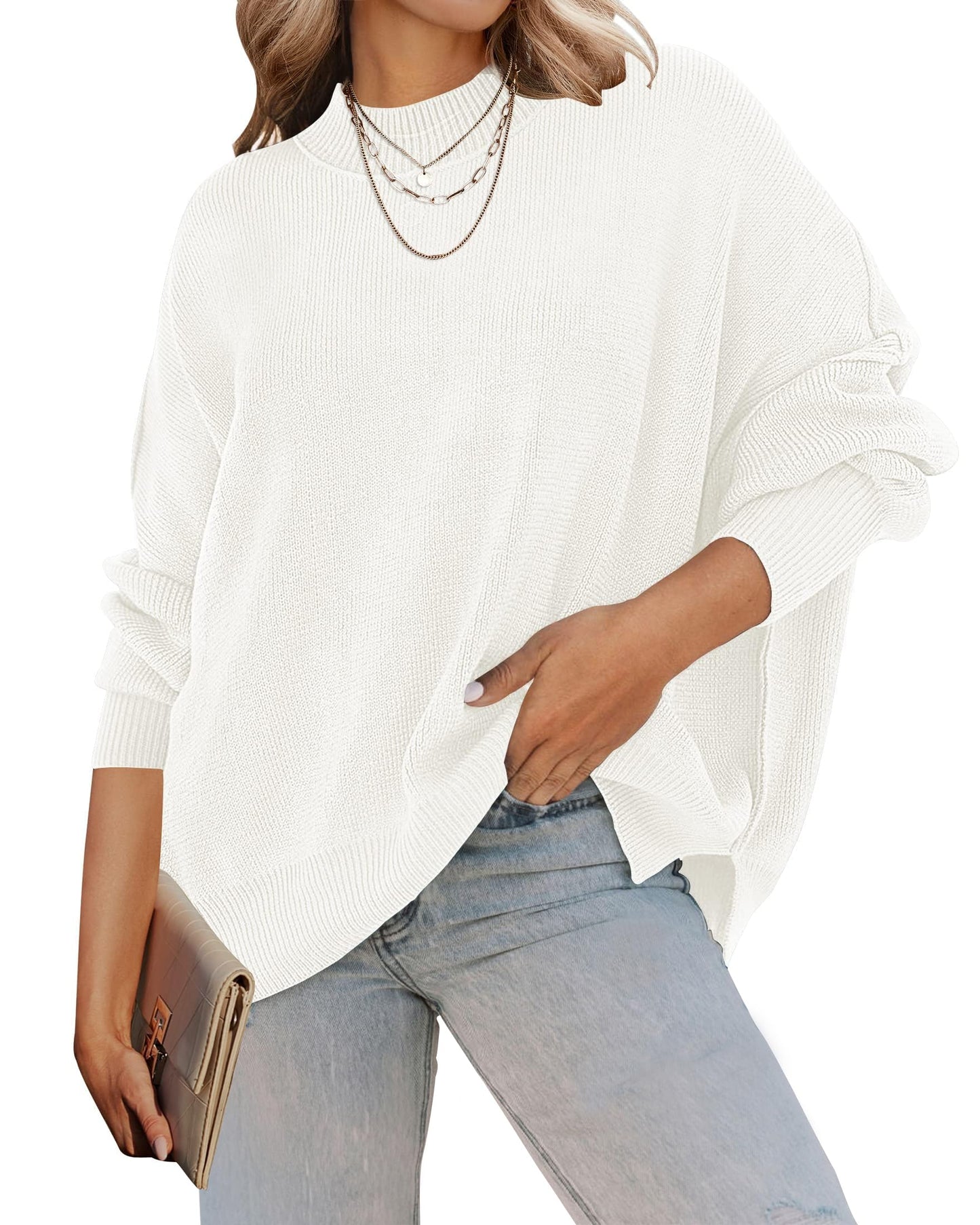 ZESICA Women's Fall 2025 Casual Long Sleeve Crew Neck Side Slit Oversized Ribbed Knit Pullover Sweater Tops