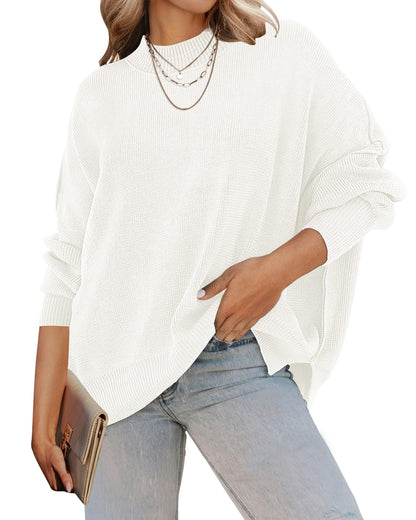ZESICA Women's Fall 2025 Casual Long Sleeve Crew Neck Side Slit Oversized Ribbed Knit Pullover Sweater Tops
