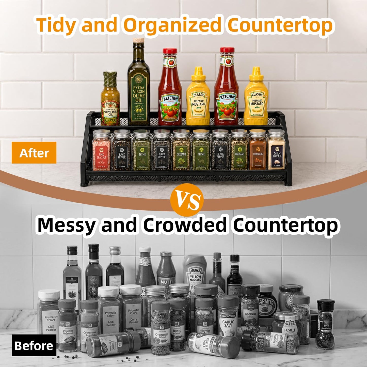 Lesmery 2 Tier Expandable Spice Rack Organizer for Kitchen Cabinet,13.7"-23.6" Heavy Duty Spice Organization Shelf,Metal Pantry Storage Shelves Racks,Good Space for Pantry, Counter top,Patent Pending