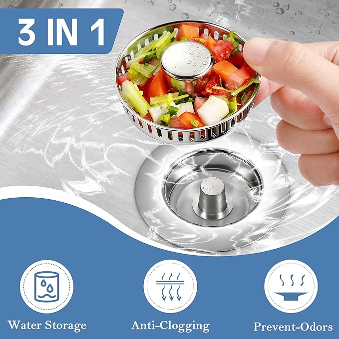 Kitchen Sink Drain Strainer 3 in 1, 304 Stainless Steel Pop Up Sink Stopper
