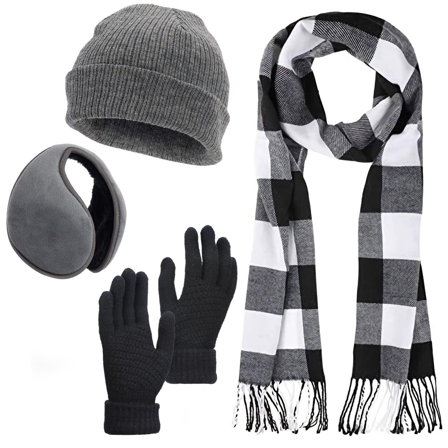 Cosweet Scarf and Gloves Set - Knitted Winter Warmer Set, Winter Gloves Plaid Scarf Beanie Hat Ear Muffs for Men Women Running Skiing Cycling Yoga Outdoor Sports Christmas Birthday Gift