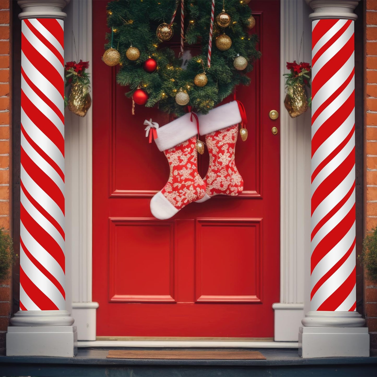 Suncalla 2 Pack Christmas Candy Cane Design Column Wraps 108 x 54 Inch Candy Cane Striped Disposable Porch Column Wraps with 1 Roll Tape Striped Pillar Cover for Fall Halloween Xmas Decor