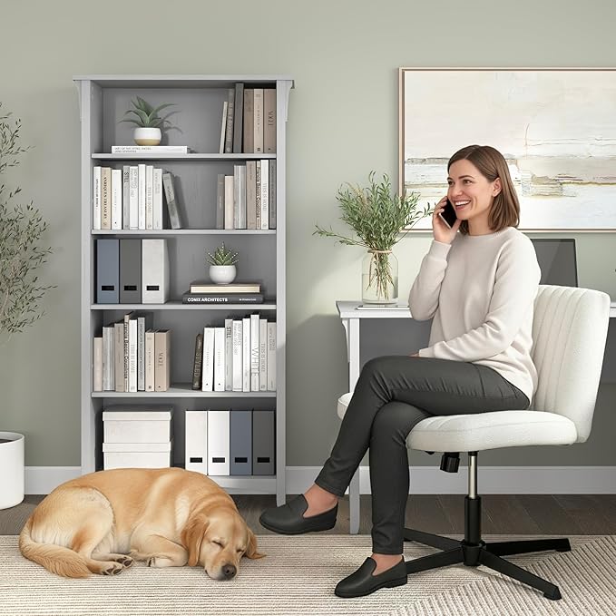 Bush Home Salinas 5 Shelf Bookcase in Cape Cod Gray, Tall Bookshelf, Large Book