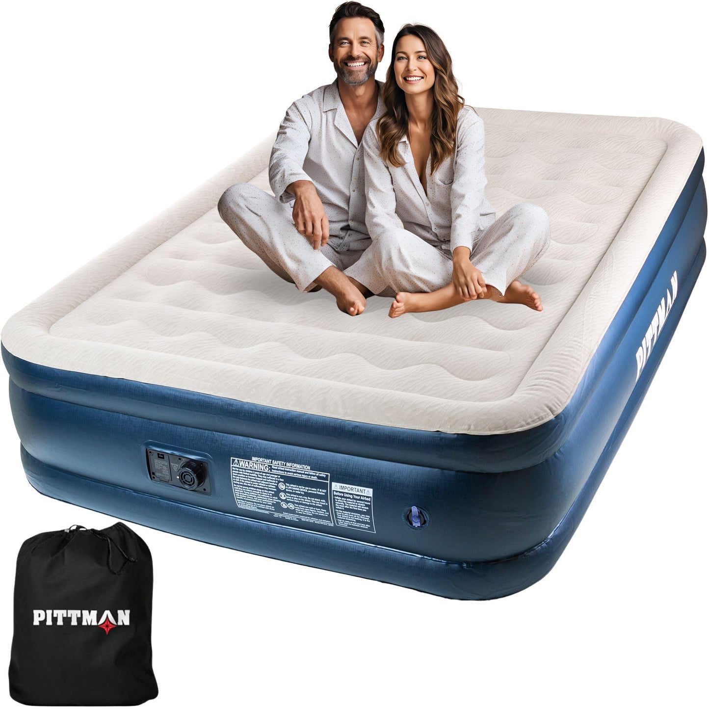 Pittman Outdoors Queen Air Mattress – 20” Deluxe Blue Double High, Queen Air Mattress with Built in Pump, 600lb Capacity, Portable Inflatable Bed with Carry Bag, Blow Up Mattress for Home & Travel