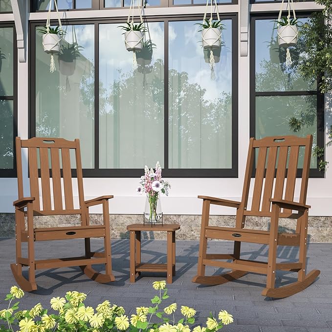 Oversized Rocking Chair Set of 4, Outdoor Rocking Chair for Adults, All Weather Resistant Porch Rocker for Lawn Garden, Wood
