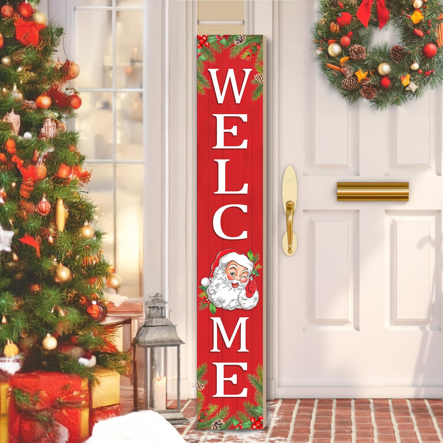 Christmas Wooden Porch Sign 47" Santa Claus Large Welcome Porch Sign for Home Front Door Yard Party Decor(Red)