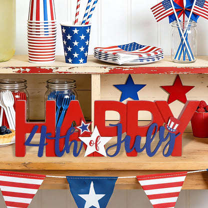 COCHIE Wooden Happy 4th of July Sign, Fourth of July Decorations for Home, Office, Shelf, Mantel, Indoor, Wood Patriotic Decor, Red Blue and White Table Top Centerpiece Party Decoration (Patriotic)