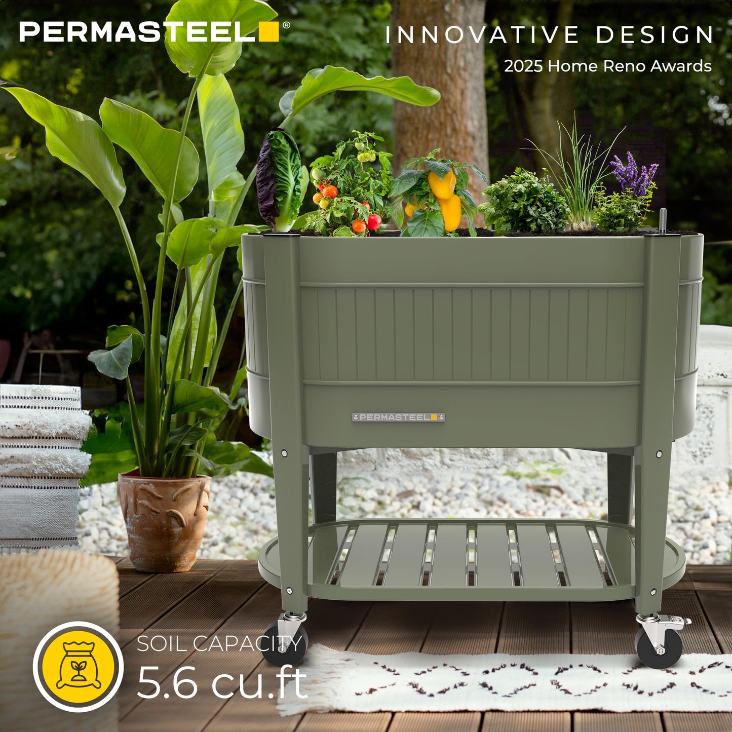 Permasteel Raised Garden Bed with Legs, Planter Box with EnGrow™ TrueSoil™ Technology for Vegetables, Flowers, Herbs, and Fruit, Outdoor Indoor, Storage Shelf, Caster Wheels, Green
