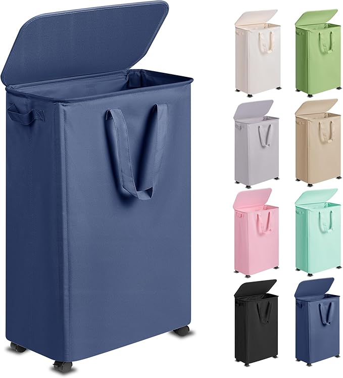 Slim Laundry Hamper with Lid and Wheels, Small Rolling Laundry Basket with