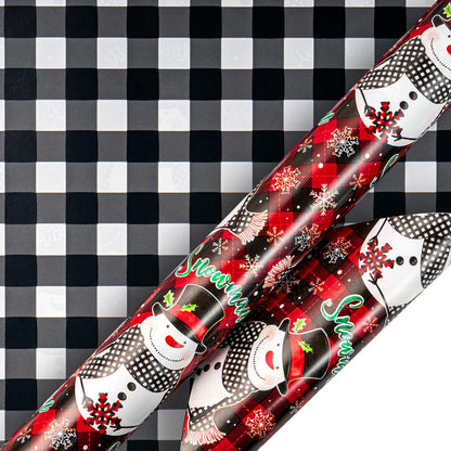 LeZakaa Christmas Wrapping Paper Mini Roll, Snowman & White Black Buffalo Plaid Xmas Reversible Design, Holiday Party Gift Wrap for Kids Boys Girls, 17 in x 32.8 Ft