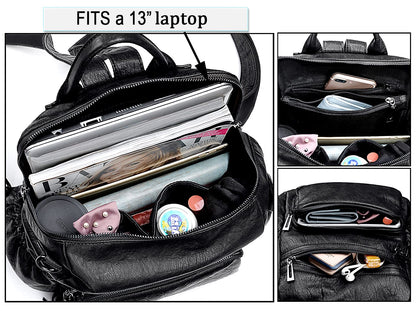 UTO Laptop Backpack Womens Teenage Girls School Bag Ladies Travel Rucksack Multi Compartments Anti Theft Pocket PU Leather Black