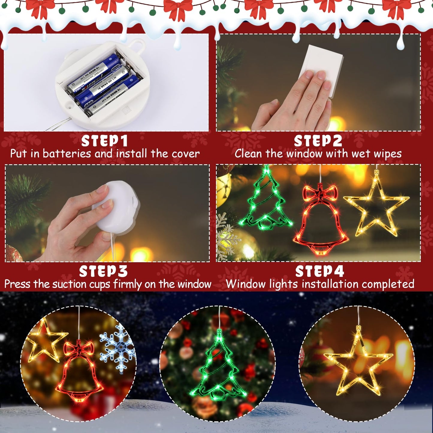 Waipfaru 4 PCS Christmas Window Lights with Timer Function, Christmas Window Decorations Jingle Bell Snowflake Christmas Tree Star Lights with Suction Cup for Decorations Indoor Outdoor