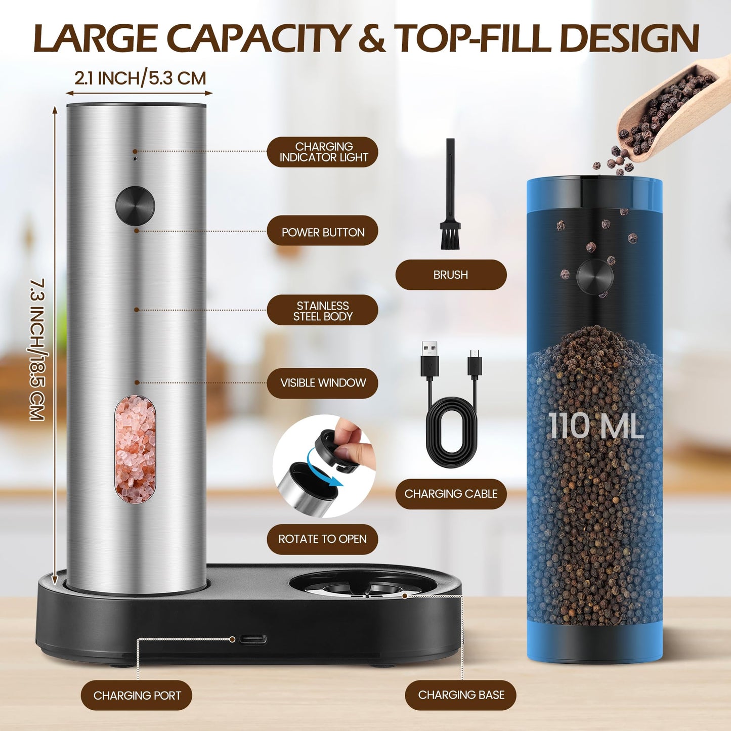 CapyBud Electric Salt and Pepper Grinder Set, 110 ml Rechargeable Automatic Salt and Pepper Shakers with Adjustable Coarseness Charging Base LED Light Ceramic Grinder Core for Kitchen Outdoor Gift