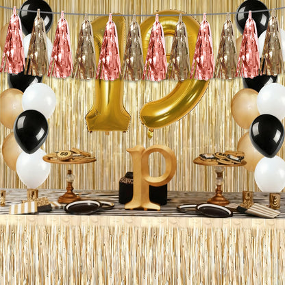 4P Rose Champagne Gold Tassel Banner Garland Metallic Foil Fringe Banner Tinsel Tassels Streamer Banner Backdrop for Parade Floats, Graduation Decorations, Wedding Party Decoration