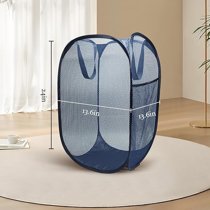 The upgraded pop-up laundry basket features a breathable side pocket mesh design