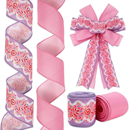 JarThenaAMCS Christmas Wired Edge Ribbon Pink Purple Candy Cane Fabric Craft Ribbon for Wreath Bow Making DIY Crafts Wrapping, 2 Roll, 20 Yards
