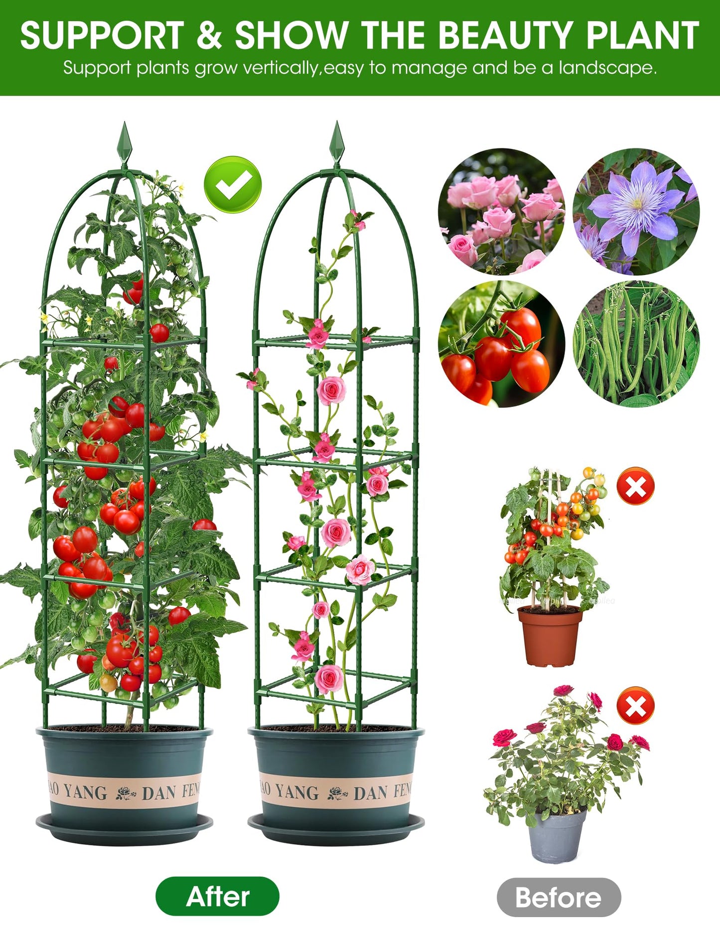Trellis for Climbing Plants Outdoor, 6FT Garden Obelisk Rustproof PE Coated Metal Potted Plant Climbing Support, Thickened Tube Plant Tower Trellis for Clematis Vine Support Indoor (1 Pack)