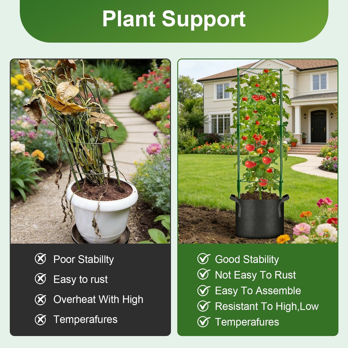 3 Pack Tomato Cage with 10 Gallon Grow Bags, 48" Height Adjustable Tomato Trellis with 65Ft Twist Tie, Heavy Duty Tomato Cages for Garden Flowers Vegetables Climbing Plants