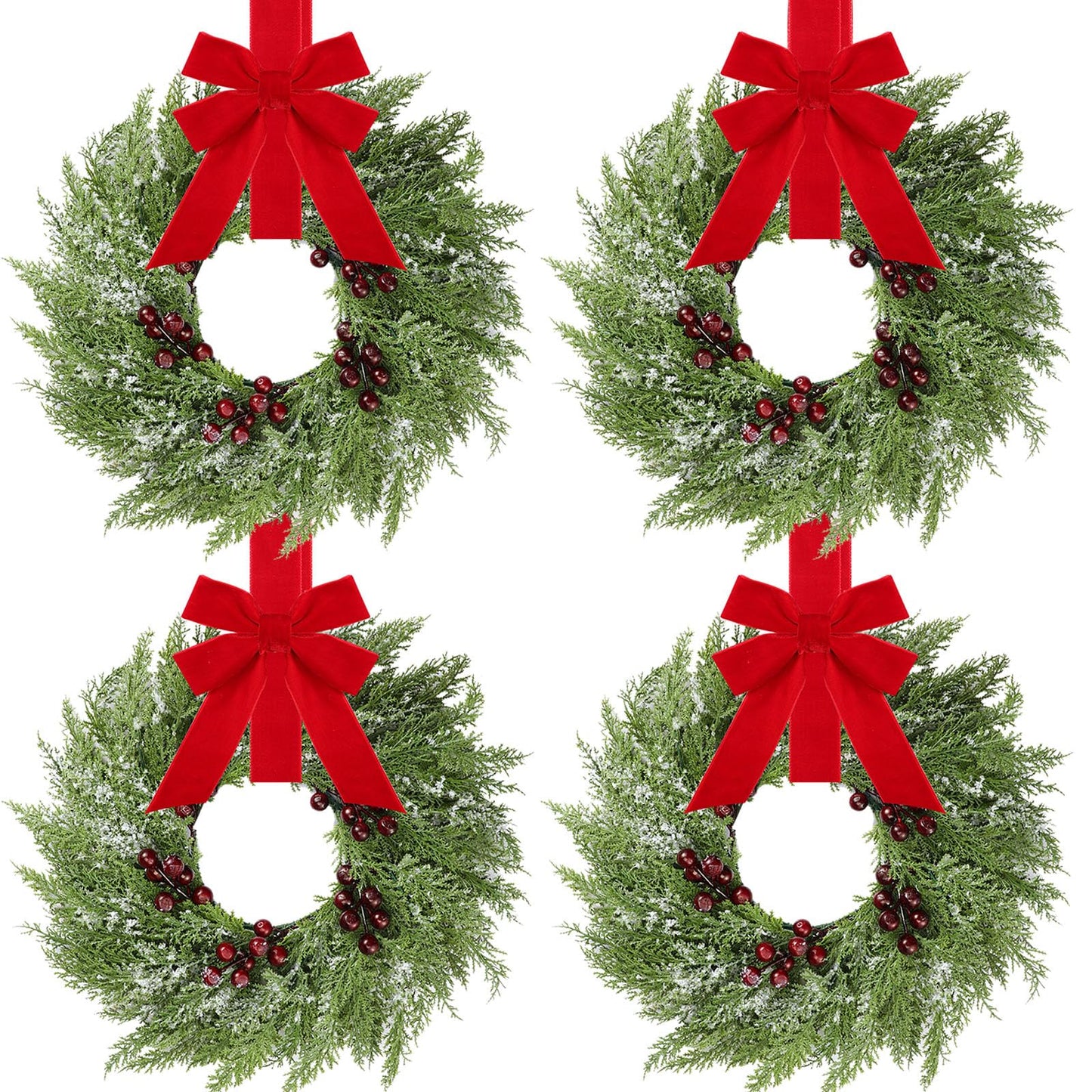 4 Pcs Small Christmas Norfolk Wreaths 15 Inch Christmas Kitchen Cabinet Mini Wreath with Bow Ribbon Cedar Berry for Xmas Front Door Window Chair Fireplace Table Pillar Farmhouse