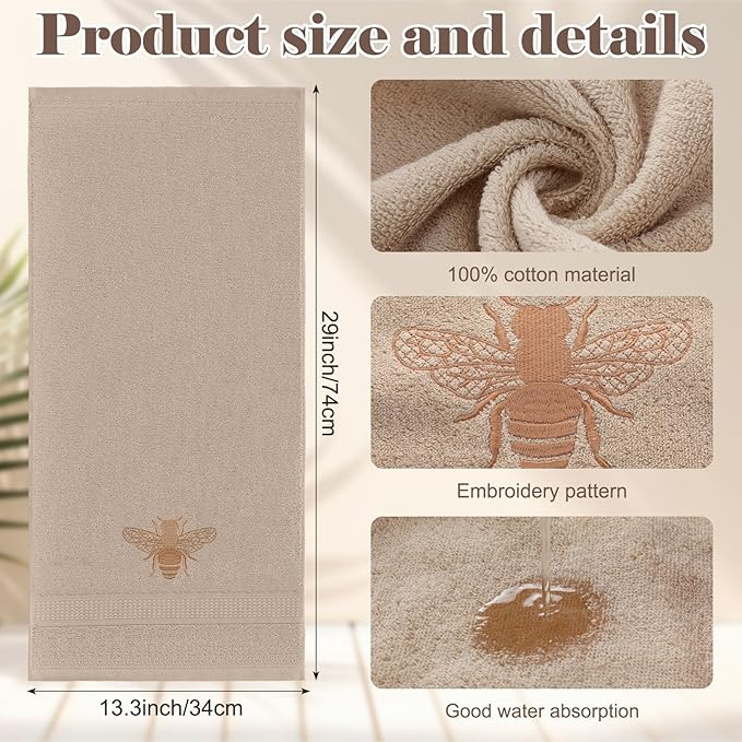2 Pcs Bee Hand Towels Brown Bathroom Decor 14x29 Inch Embroidered 100% Cotton