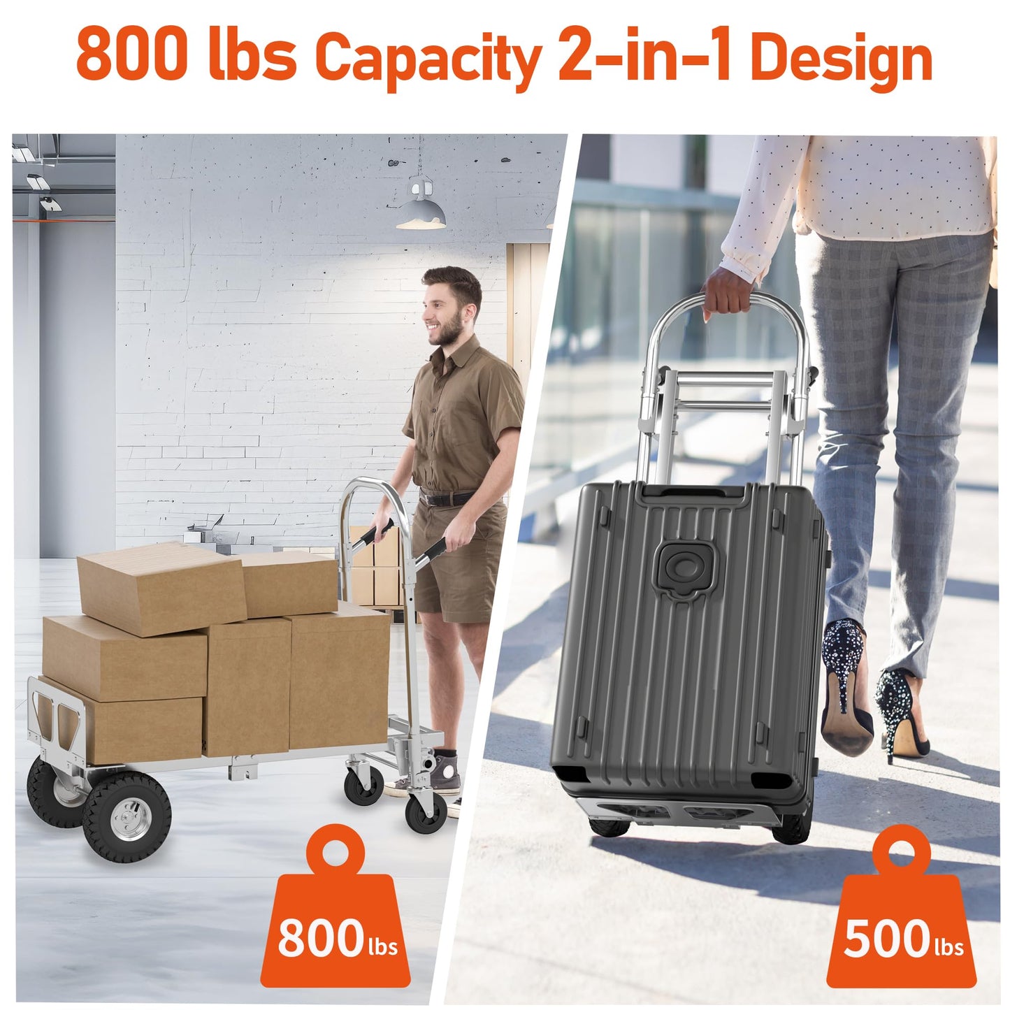 ZMRTDWO 800 LBS Dolly Cart with Wheels, 2 in 1 Folding Hand Truck, Stainless Steel Heavy Duty Industrial Convertible Hand Cart, Utility Collapsible Hand Truck Dolly for Warehouse, Home, Office, Etc