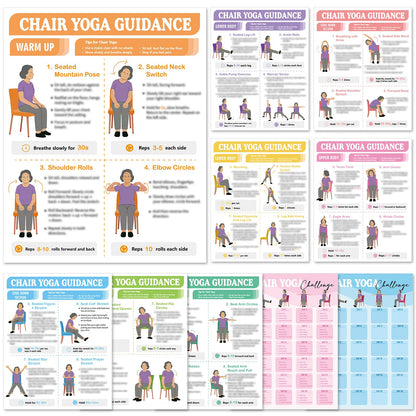 10Pcs Chair Yoga Poster for Seniors Beginners-Set of 8 Illustrated Guides & 2 30-Day Challenges Stretching and Gentle Chair Yoga Chart Wall Art For Balance Flexibility Weight Loss(11 x 8.7 Inch）