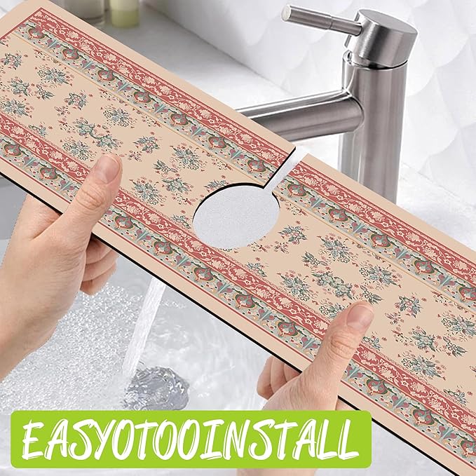 Sink Splash Guard Faucet Mat Retro Boho Flowers Absorbent Fast Drying Mat Sink
