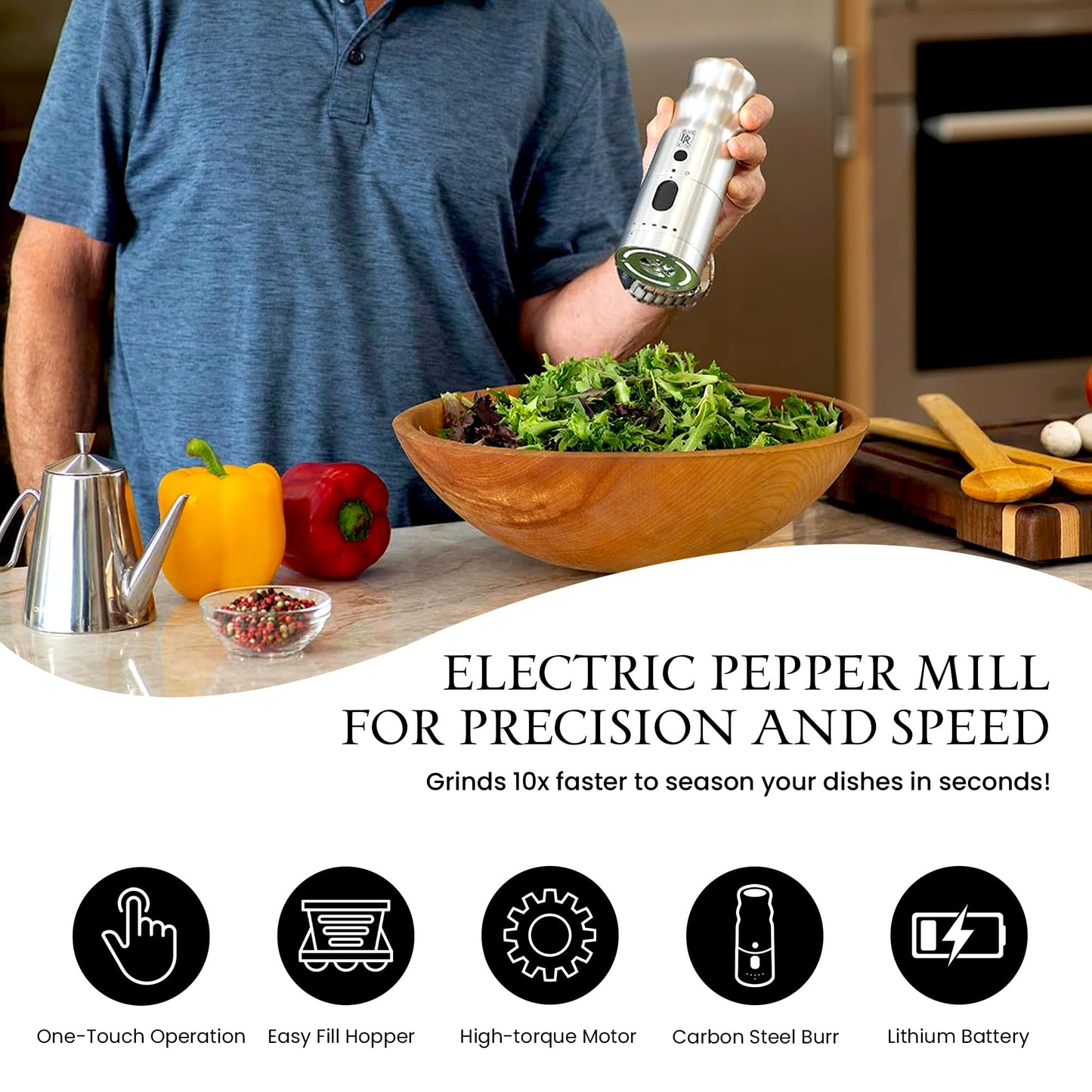 BLACK RAIN Pepper Mill Grinder, Adjustable Coarseness, Rechargeable Pepper Grinder with LED Light, Heavy Duty Professional Grade Electric Peppercorn Grinder (Matte Black)