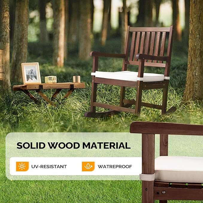 VINGLI Outdoor Rocking Chair, Weatherproof Rocker with Cushion, Wooden Rocking Bench Support 450 LBS for Patio, Yard, Garden, Outdoor or Indoors, Rustic