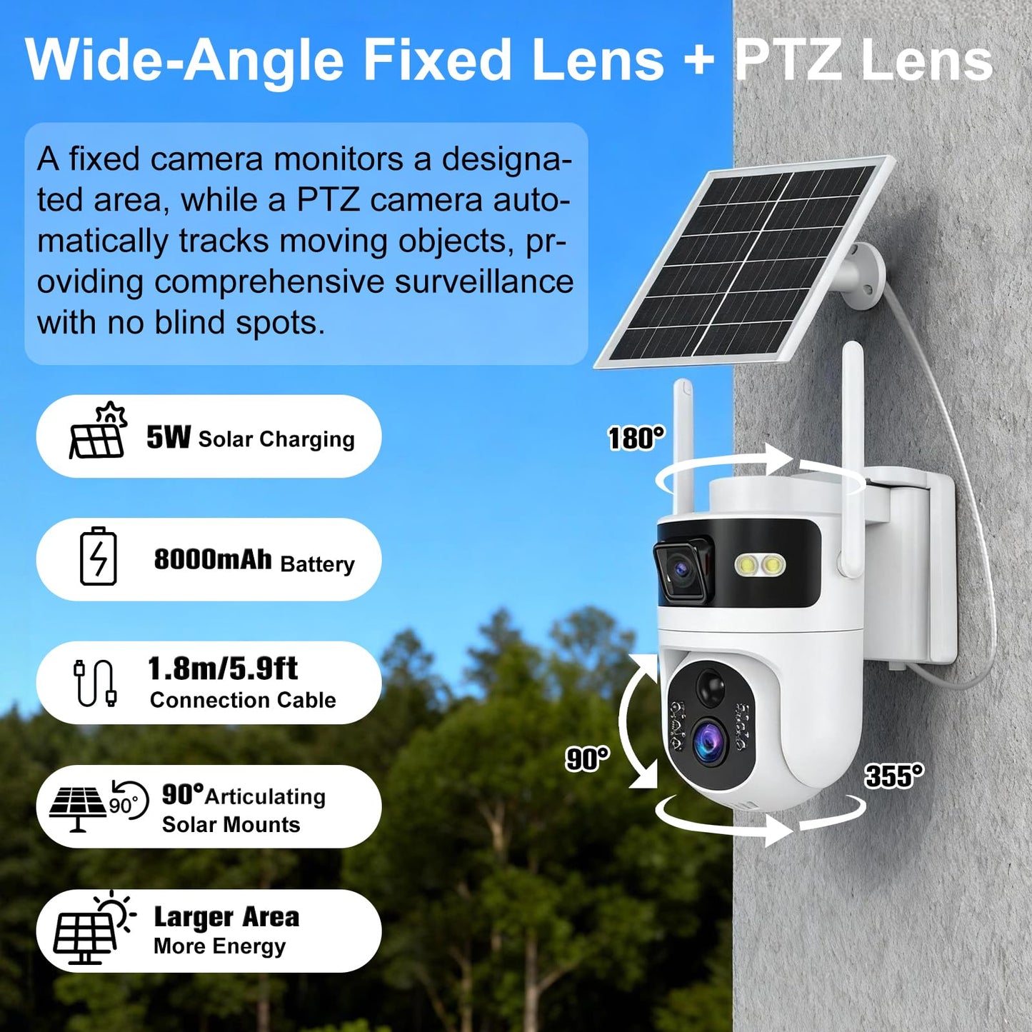 CUUKSHKN Dual Lens 4G LTE Cellular Security Camera Wireless Outdoor,365 Day Free Unlimited Data,No WiFi Solar Powered,360°Auto Tracking,2K Color Night Vision,PTZ Motion Dtetection,Tuya Smart Camera
