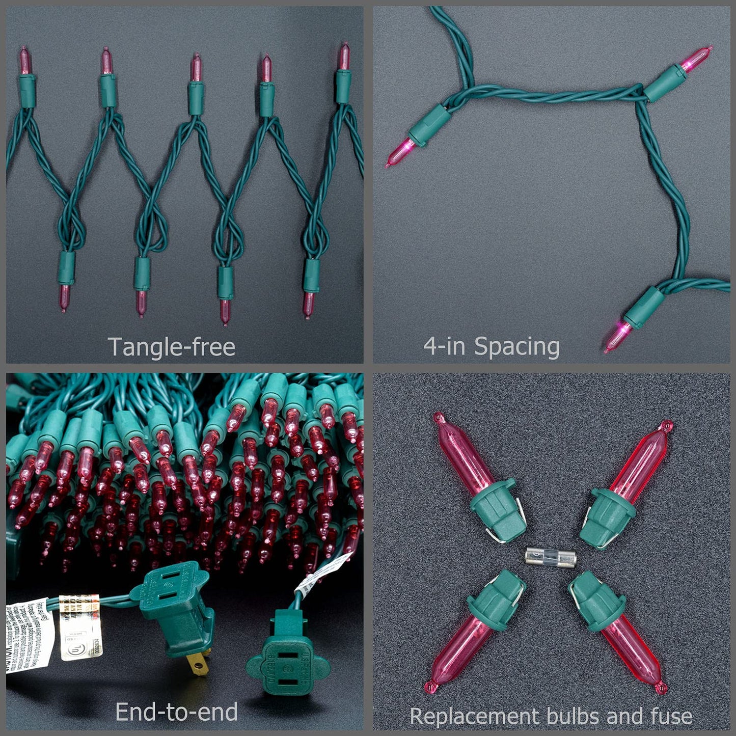 YULETIME 200 Pink LED Christmas Lights, 66 ft Green Wire UL String Light