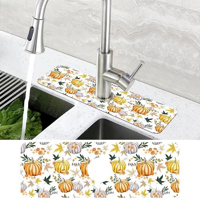 Thanksgiving Sink Faucet Absorbing Mat Pumpkin Floral Leaves Sink Splash Guard