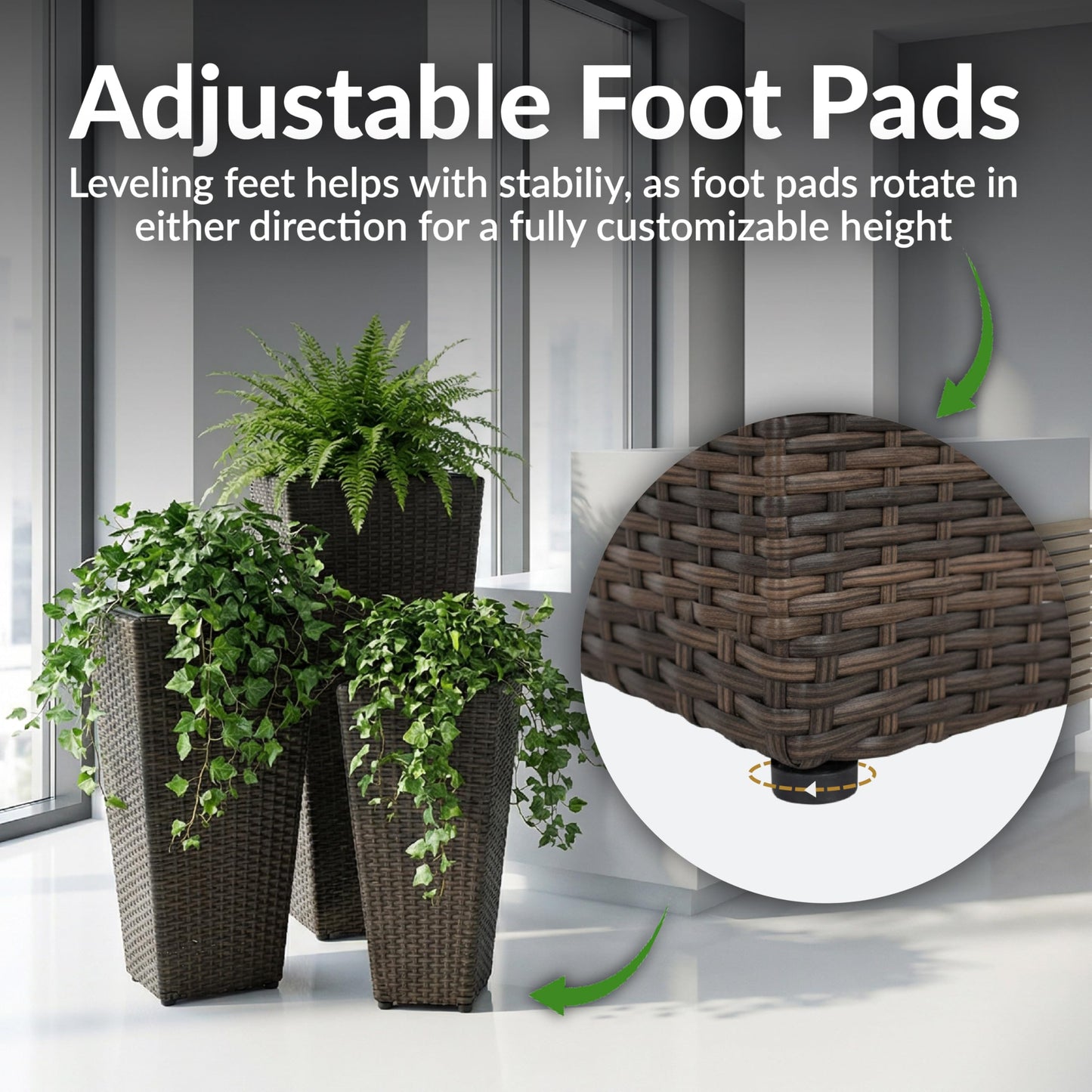 Sunnydaze Square Tall Wicker Outdoor Planter Set of 3 - Polyrattan Large Outdoor Planters for Porch, Patio or Garden - 9", 11.5", 14.75" Tall Plant Pots - Brown