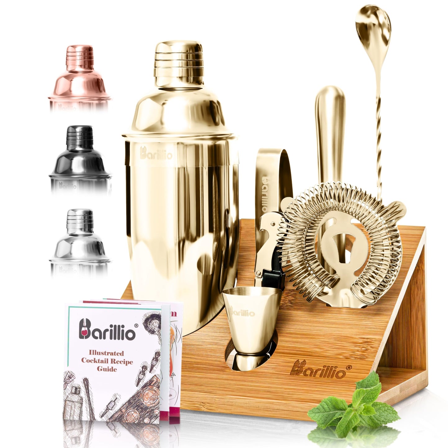 Barillio Gold Bartender Kit - Stainless-Steel Cocktail Shaker Set w/Bamboo Stand - Mixology Bar Tools w/Shaker, Drink Mixer Spoon & Muddler for Cocktails - Home Bar Accessories - 10-Pc Bar Set