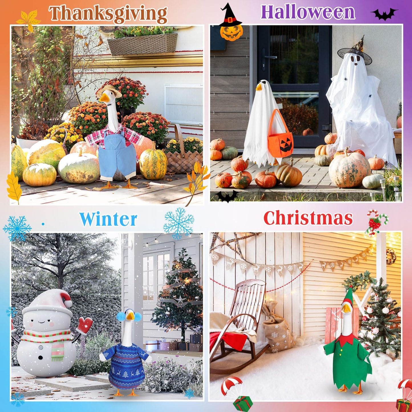 Silicherry 8 Set Holiday Porch Goose Outfits for 23" Summer Fall Halloween Ghost Thanksgiving Christmas All Season Bundle Cement Goose Clothes Costume for Lawn Garden Patio Outdoor Decor
