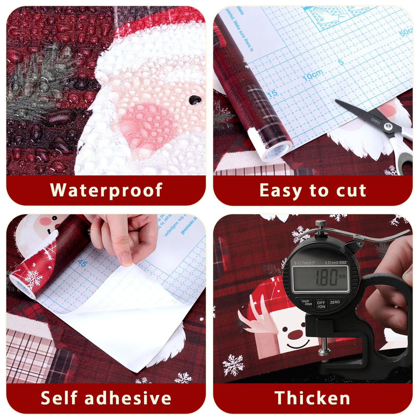 Timeet Christmas Peel and Stick Wallpaper Santa Claus & Snowman Contact Paper Red Plaid Holiday Wall Paper Decor Removable Self-Adhesive Wallpaper Vinyl Christmas Decoration 17" x 196.8"