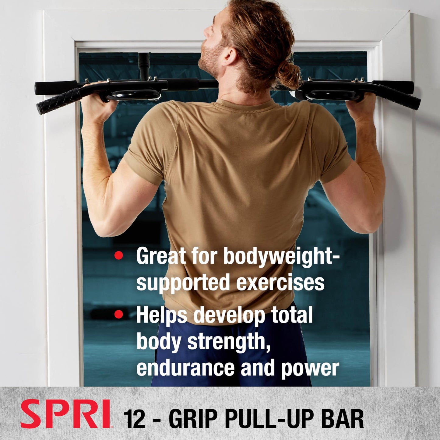 SPRI Pull Up Bar - 12-Grip Door Mounting Pull-Up Bar for Versatile Workouts - Rugged Steel with Foam Handles - Supports 300 Pounds - Fits Door Frames Up to 32 in. Wide - Black