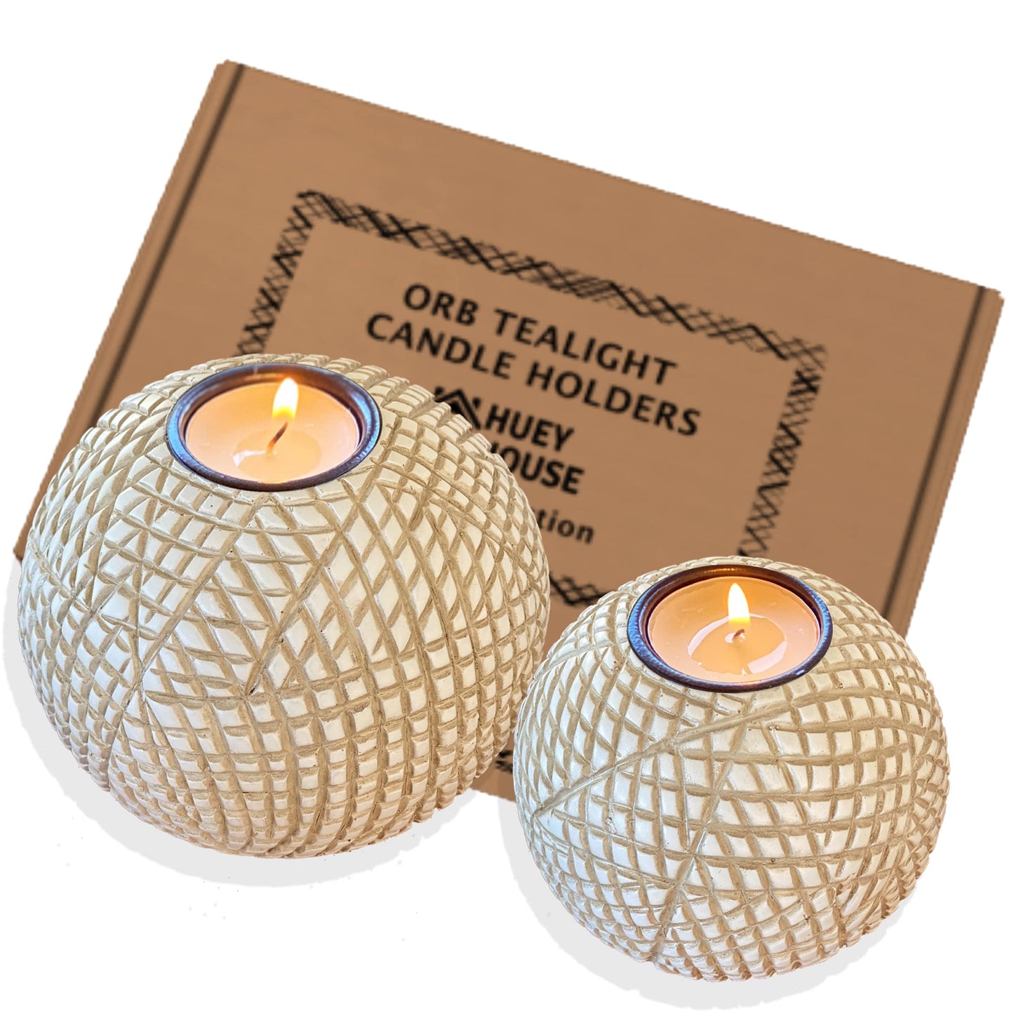 Luca Orb Tea Light Candle Holders (Gift Boxed Set of 2), Coffee Table, Console, Entryway or Fireplace Mantel Decor, Centerpiece for Dining or Living Room (Grid Pattern, Beige and White)