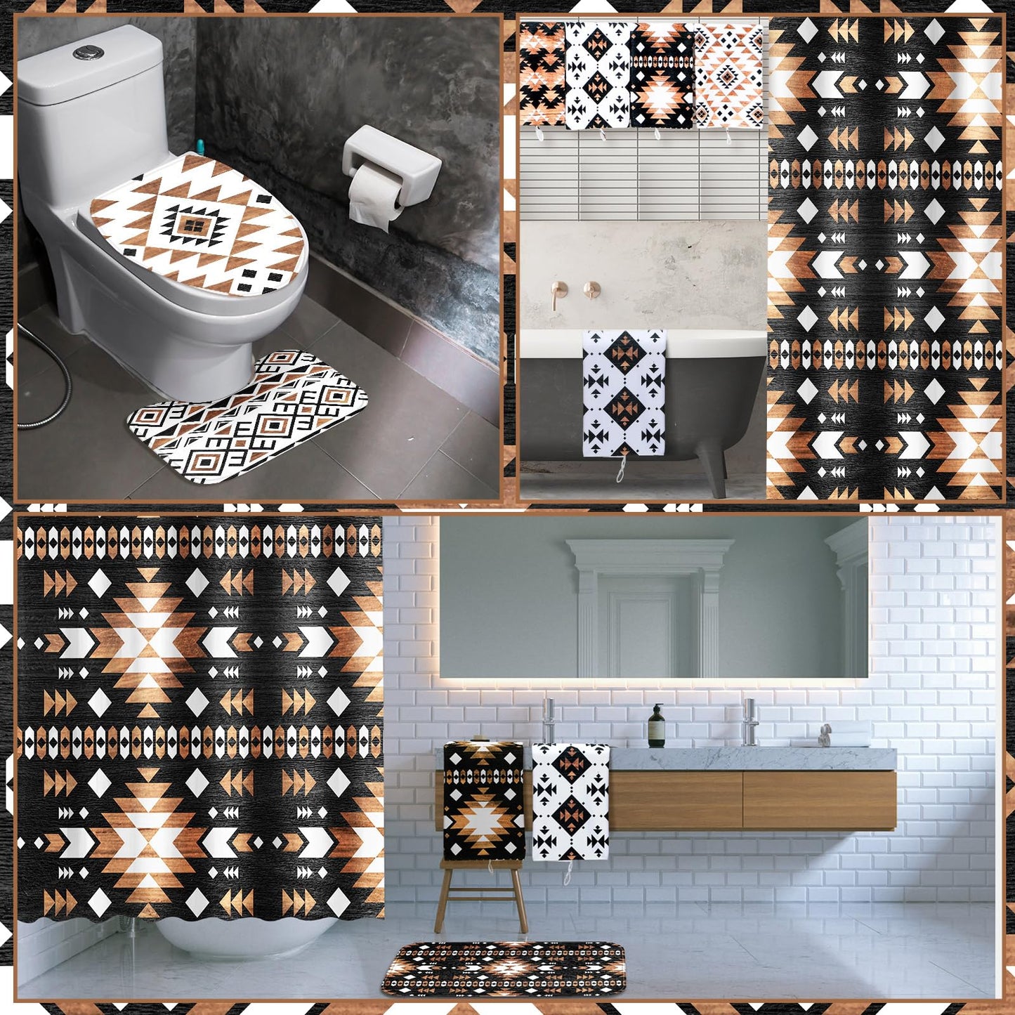 FuWeave 8 Pcs Western Aztec Shower Curtain Set, Southwestern Boho Geometric Bathroom Decor with Waterproof Curtain, Non Slip Rugs, Toilet Lid Cover, Bath Mat & 12 Hooks, Abstract Pattern for Bathroom