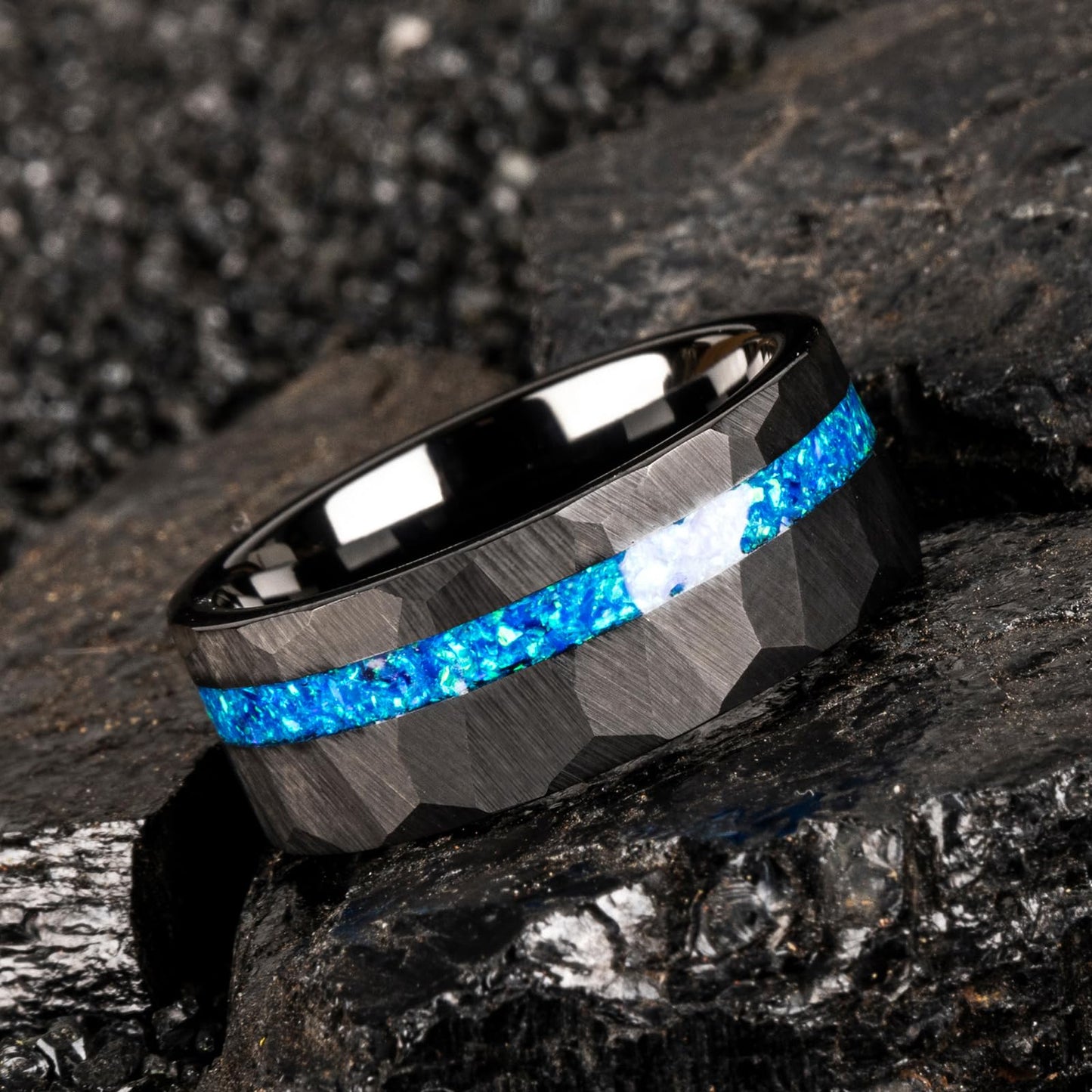JEWPER 8mm Men Womens Wedding Band Tungsten Rings Black Blue Hammer pattern Fashion Promise Carbide Inlaid Opal Matte Finish Edge Comfort Fit Size(10)